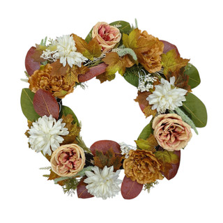 Thumbnail 1: Brighten the Season v24" Peony, Cabbage Rose & Ball Mum Spiral Vine Wreath 