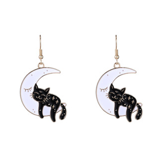 Thumbnail 1: UNCAS Halloween Cat In Moon Drop Earrings 