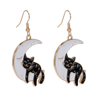 Thumbnail 1: UNCAS Halloween Cat In Moon Drop Earrings 