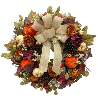 Thumbnail 1: Brighten the Season 28" Pumpkin & Ranunculus Harvest Wreath with Ribbon 