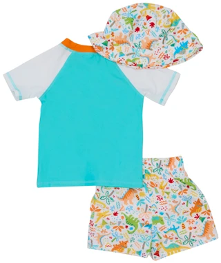 Thumbnail 2: Floatimini Toddler Boys Short Sleeve Dinosaur Rashguard with Bucket Hat 