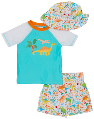 Thumbnail 1: Floatimini Toddler Boys Short Sleeve Dinosaur Rashguard with Bucket Hat 