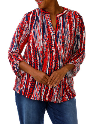Thumbnail 1: Ava & Grace Women's Plus Americana Roll Tab Sleeve Print Top 