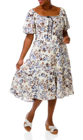 Thumbnail 1: Liberty Love Women's Plus Smocked Tiered Puffy Sleeve Lined Midi Dress 