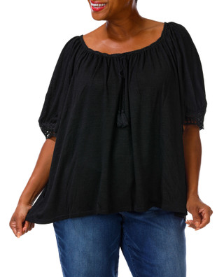Thumbnail 1: Max Studio London Women's Plus Crochet Trim Tassel Tie Peasant Top 