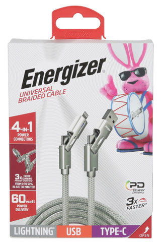 Thumbnail 1: Energizer 4-in-1 USB/C 6.5 ft Universal Braided Cable Power Connectors 