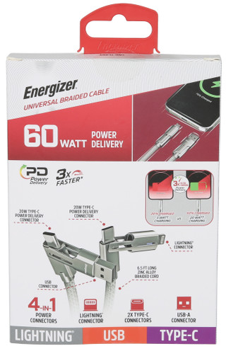 Thumbnail 3: Energizer 4-in-1 USB/C 6.5 ft Universal Braided Cable Power Connectors 