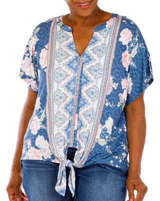 Thumbnail 1: Status by Chenault Plus Short Sleeve Tie Front Knit Top 