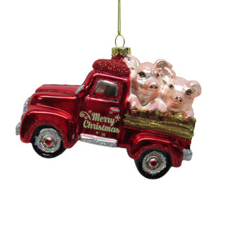 Thumbnail 1: Magical Season Glass Pig in Red Truck Christmas Ornament 