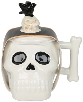 Thumbnail 1: Global Design Connections 15 oz White Skull Face & Raven Mug w/ Lid 