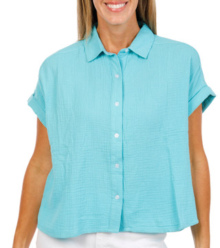 Thumbnail 1: Coral Bay Petite Short Sleeve Gauze Button Front Top 