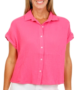 Thumbnail 1: Coral Bay Petite Short Sleeve Gauze Button Front Top 