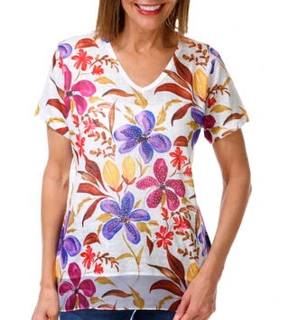 Thumbnail 1: Milano Women's Short Sleeve Embellished Floral V Neck Top 