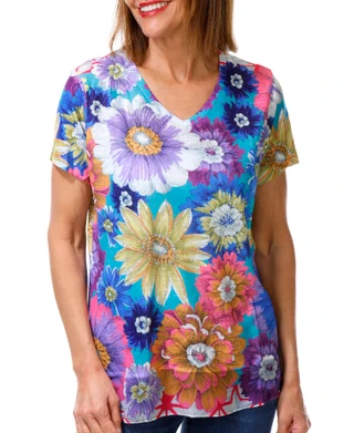 Thumbnail 1: Milano Women's Short Sleeve Embellished Floral V Neck Top 