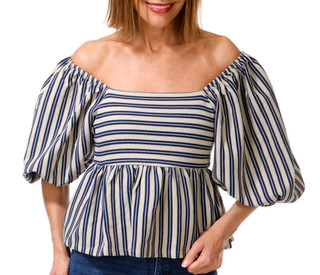 Thumbnail 1: DRA Women's Short Sleeve Striped Off Shoulder Peplum Top 