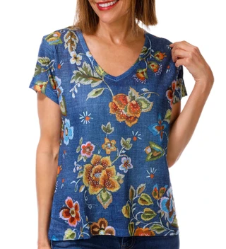 Thumbnail 1: Milano Women's Short Sleeve Embellished Floral V Neck Top 