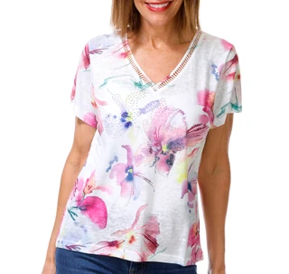 Thumbnail 1: Milano Women's Short Sleeve Embellished Floral V Neck Top 
