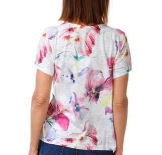 Thumbnail 2: Milano Women's Short Sleeve Embellished Floral V Neck Top 