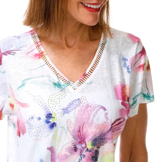 Thumbnail 3: Milano Women's Short Sleeve Embellished Floral V Neck Top 