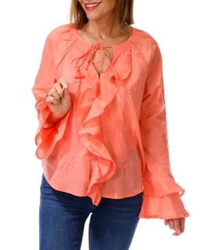 Thumbnail 1: BUNULU Womens Long Sleeve Flutter Tie Front Top 