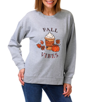 Thumbnail 2: Chenault Women's Harvest Fall Vibes Latte Sequined Fleece Top 