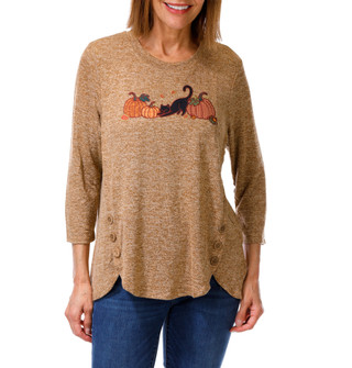 Thumbnail 1: Tru Self Women's Petite Harvest Black Cat & Pumpkins Button Side Top  