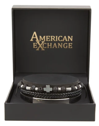Thumbnail 1: AMERICAN EXCHANGE Men's Genuine Leather Cross Triple Bracelet in Gift Box 