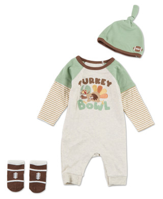 Thumbnail 1: Baby Essentials Baby Boys 3 Pc Harvest Turkey Bowl Coverall, Hat & Socks Set 