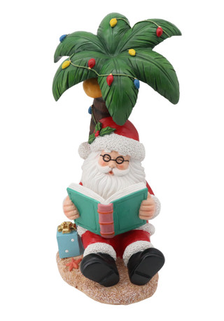 Thumbnail 1: Magical Season 14" Resin Santa Reading Under Palm Tree 