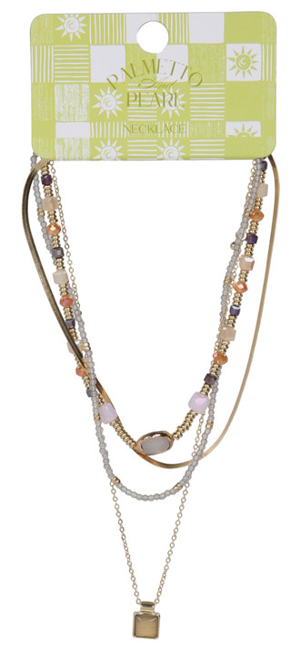 Thumbnail 1: Palmetto & Pearl Layered Multi-Strand Beaded Chains & Stone Pendant  