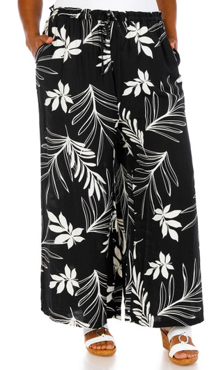 Thumbnail 1: Kaktus Couture Plus Floral Leaf Drawstring Wide Leg Pants 