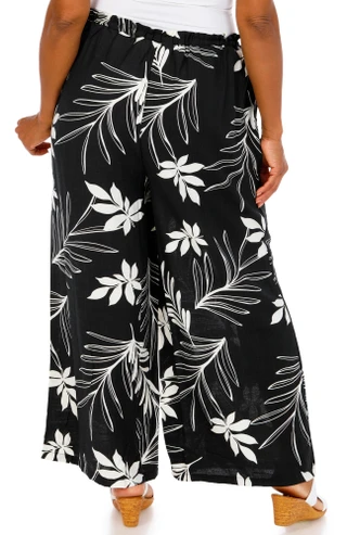 Thumbnail 2: Kaktus Couture Plus Floral Leaf Drawstring Wide Leg Pants 