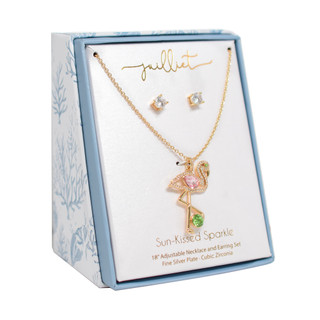 Thumbnail 1: Juilliet 2 Pc Gold Tone Stud Earrings & Flamingo Necklace Set 