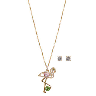 Thumbnail 2: Juilliet 2 Pc Gold Tone Stud Earrings & Flamingo Necklace Set 