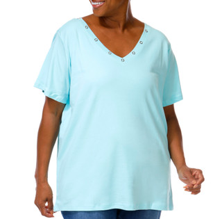 Thumbnail 1: Coral Bay Women's Plus Short Sleeve V-Neckline Grommet Top 