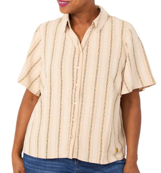Thumbnail 1: ADRIENNE VITTADINI Plus Short Sleeve Striped Collared Button Down Top 