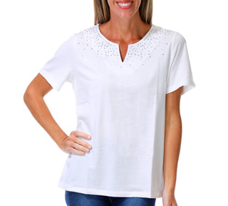 Thumbnail 1: Coral Bay Petite Short Sleeve Split Neck Rhinestone Top 