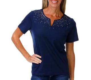 Thumbnail 1: Coral Bay Petite Short Sleeve Split Neck Rhinestone Top 
