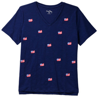 Thumbnail 1: Coral Bay Women's Short Sleeve Embroidered Flag V Neck Top 