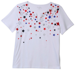 Thumbnail 1: Coral Bay Petite Short Sleeve Embellished Stars Split Neck Top 