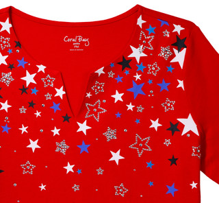 Thumbnail 3: Coral Bay Petite Short Sleeve Embellished Stars Split Neck Top 
