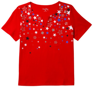 Thumbnail 1: Coral Bay Petite Short Sleeve Embellished Stars Split Neck Top 