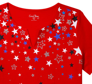 Thumbnail 2: Coral Bay Women's Short Sleeve Embellished Stars Split Neck Top 