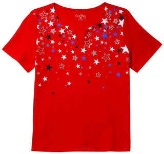 Thumbnail 1: Coral Bay Women's Short Sleeve Embellished Stars Split Neck Top 