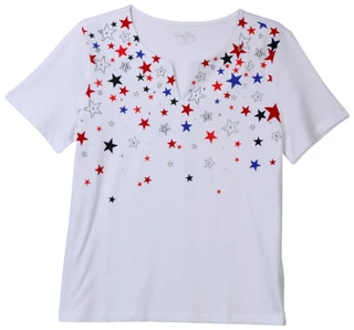 Thumbnail 1: Coral Bay Women's Short Sleeve Embellished Stars Split Neck Top 