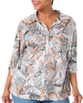 Thumbnail 1: Coral Bay Women's Plus Roll Tab Sleeve 2 Pocket Foil Top 