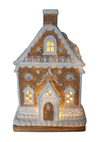 Thumbnail 1: Magical Season 12" LED Resin Traditional Brown & White Gingerbread House 