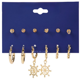 Thumbnail 2: Nautica 6 Pc Golden Ship Wheel Hoop & Stud Earrings 