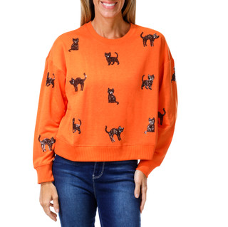 Thumbnail 1: Marled Womens Long Sleeve Sequin Black Cat Sweater 