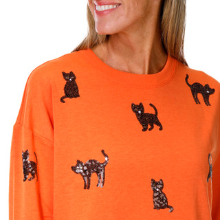 Thumbnail 2: Marled Petite Long Sleeve Sequin Black Cat Sweater 